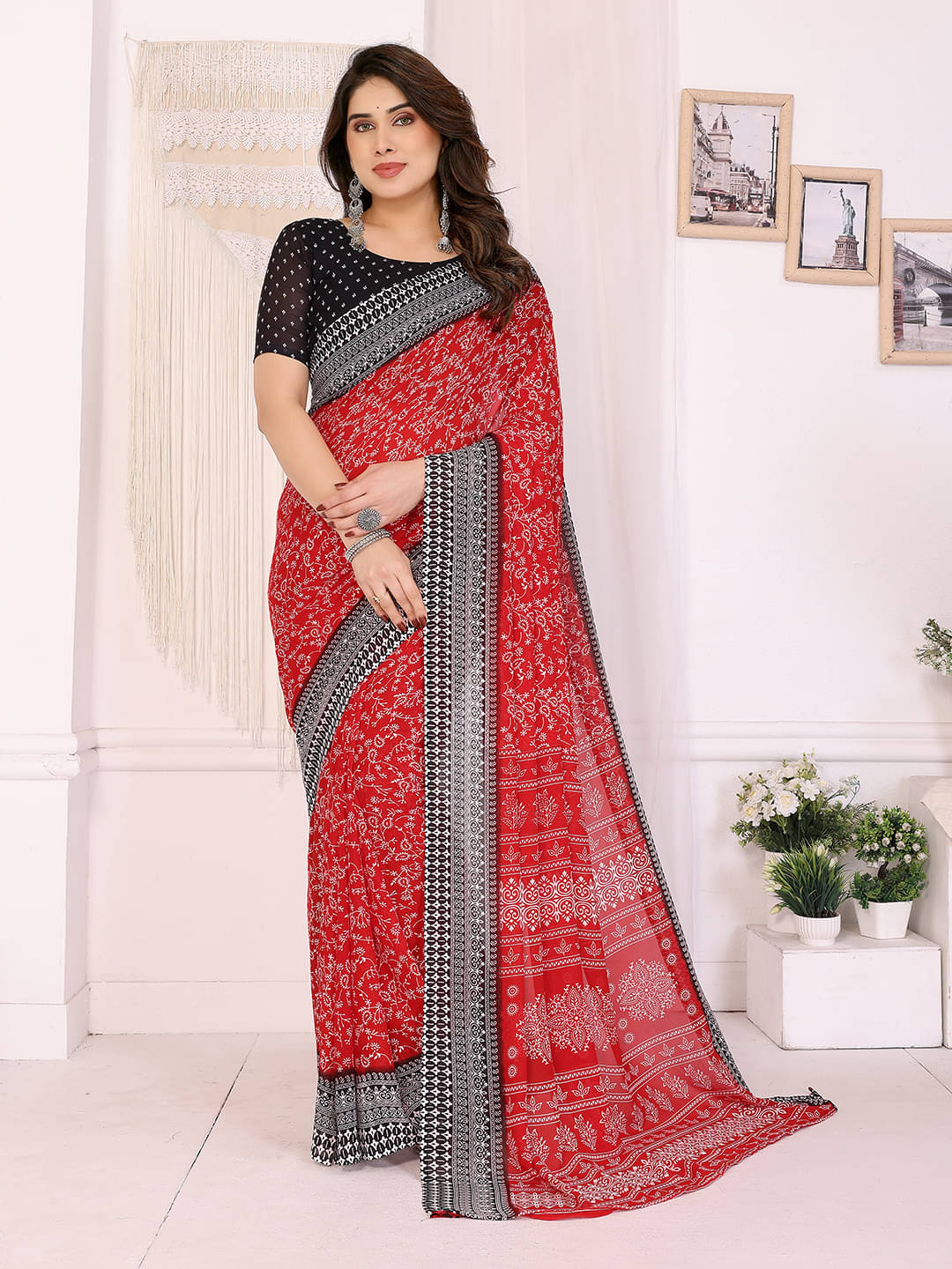 ANAND SAREES Georgette Printed Chanderi saree With Unstitched Blouse Piece ( Red ) ANAND SAREES Georgette Printed Chanderi saree With Unstitched Blouse Piece ( Red )