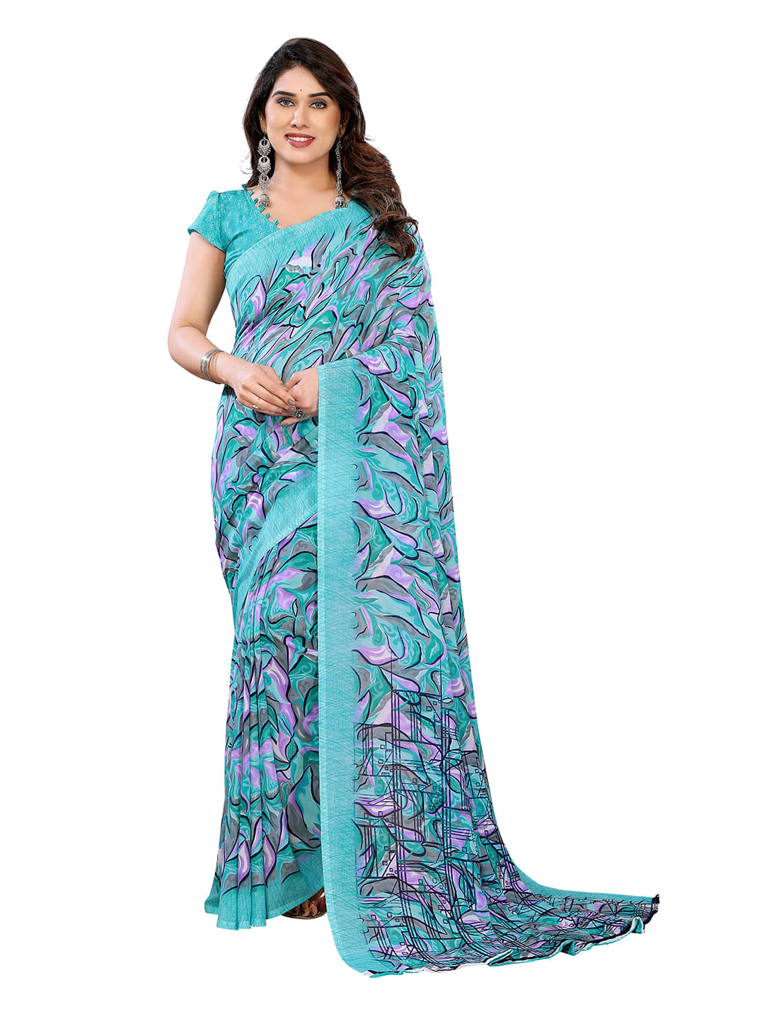     			ANAND SAREES Georgette Printed Chanderi saree With Unstitched Blouse Piece ( Aqua Blue )