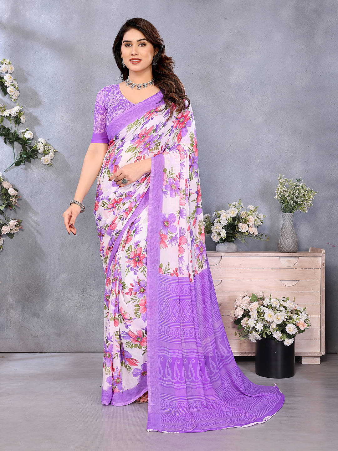 ANAND SAREES Georgette Printed Chanderi saree With Unstitched Blouse Piece ( Purple ) ANAND SAREES Georgette Printed Chanderi saree With Unstitched Blouse Piece ( Purple )