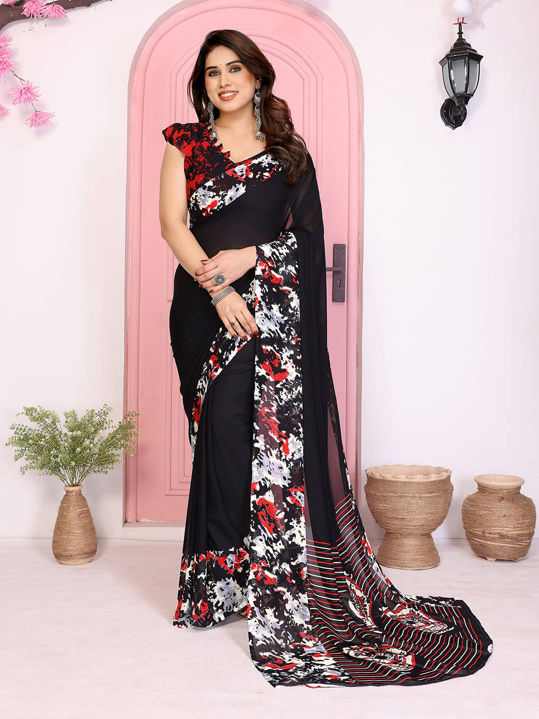 ANAND SAREES Georgette Printed Chanderi saree With Unstitched Blouse Piece ( Black ) ANAND SAREES Georgette Printed Chanderi saree With Unstitched Blouse Piece ( Black )