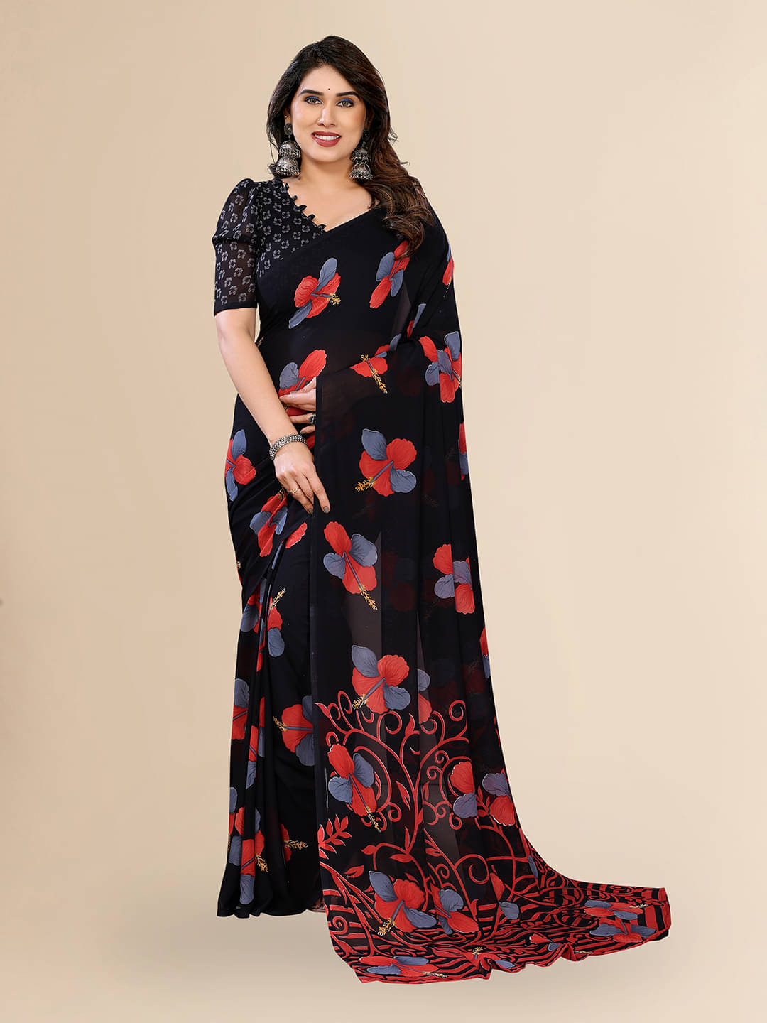 ANAND SAREES Georgette Printed Chanderi saree With Unstitched Blouse Piece ( Black ) ANAND SAREES Georgette Printed Chanderi saree With Unstitched Blouse Piece ( Black )