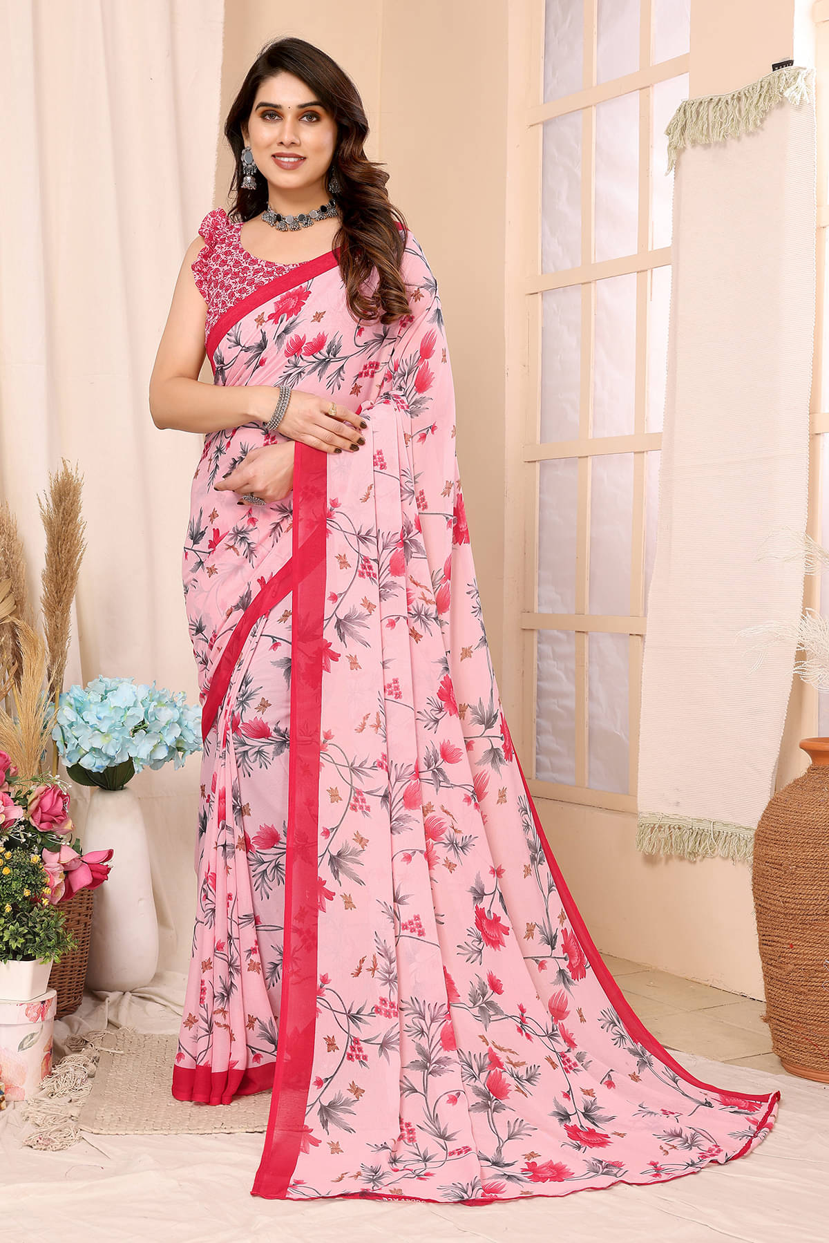 ANAND SAREES Georgette Printed Chanderi saree With Unstitched Blouse Piece ( Pink ) ANAND SAREES Georgette Printed Chanderi saree With Unstitched Blouse Piece ( Pink )