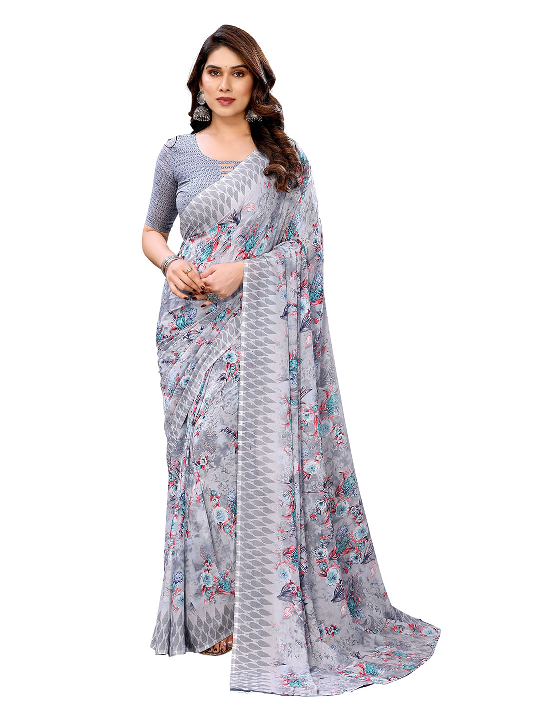     			ANAND SAREES Georgette Printed Chanderi saree With Unstitched Blouse Piece ( Grey )