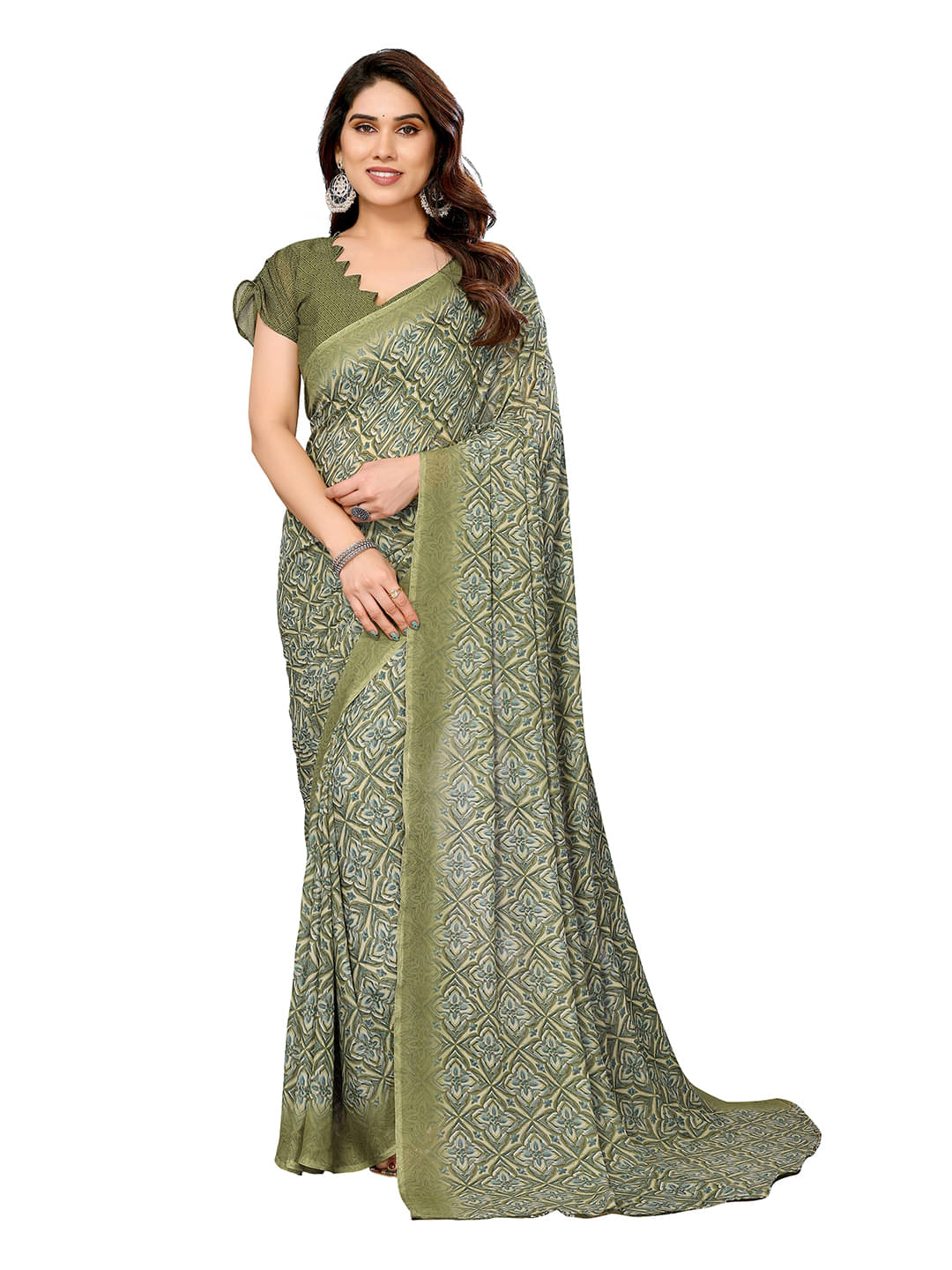     			ANAND SAREES Georgette Printed Chanderi saree With Unstitched Blouse Piece ( Green )