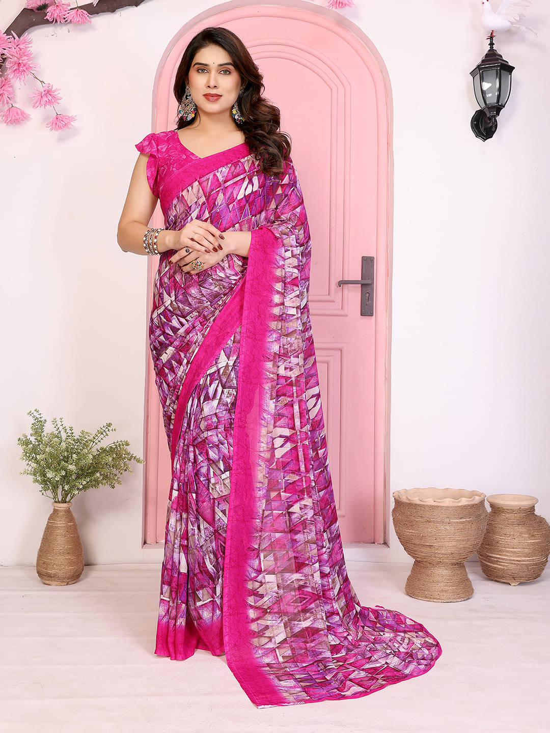ANAND SAREES Georgette Printed Chanderi saree With Unstitched Blouse Piece ( Pink ) ANAND SAREES Georgette Printed Chanderi saree With Unstitched Blouse Piece ( Pink )