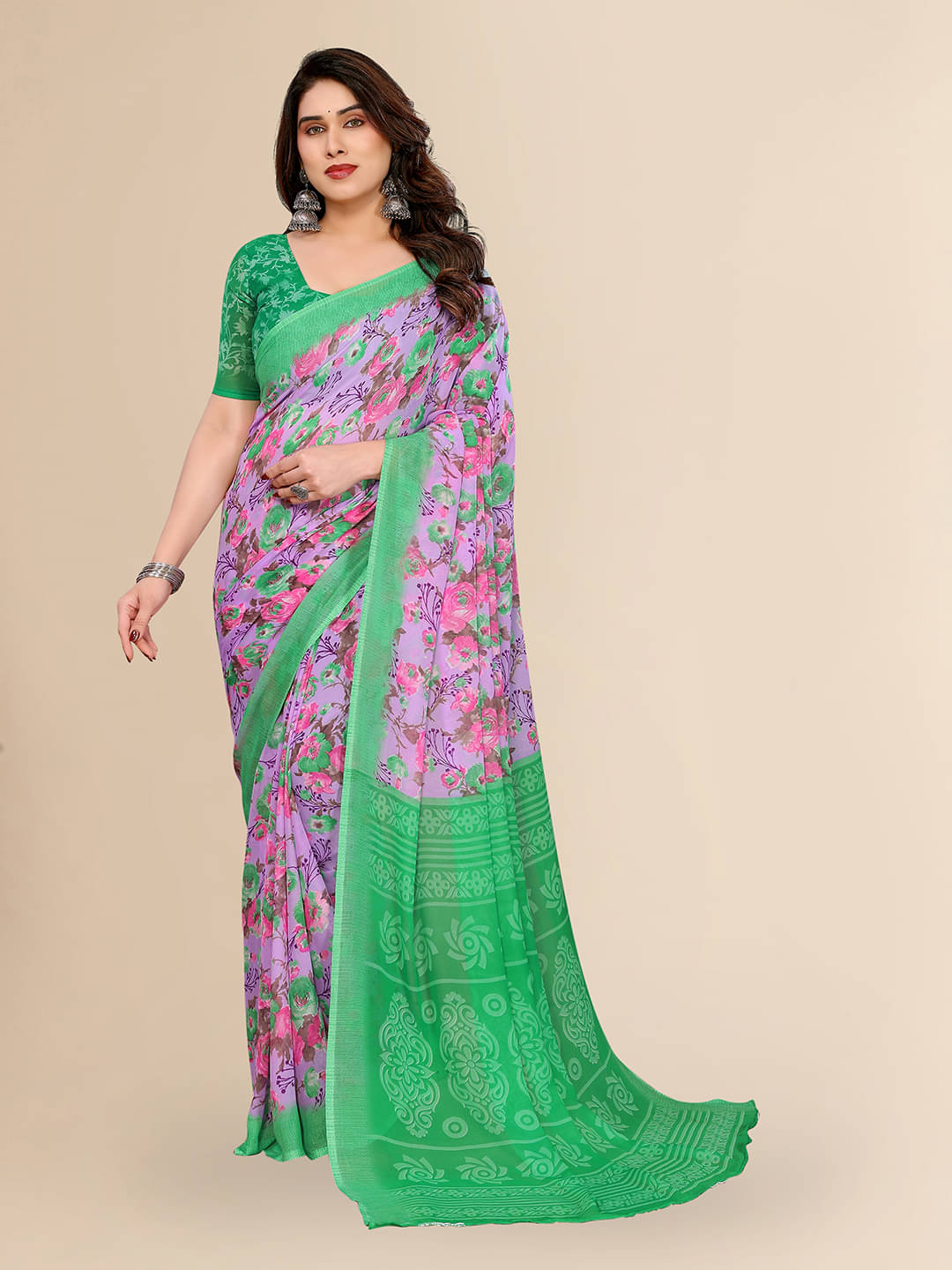 ANAND SAREES Georgette Printed Chanderi saree With Unstitched Blouse Piece ( Green ) ANAND SAREES Georgette Printed Chanderi saree With Unstitched Blouse Piece ( Green )