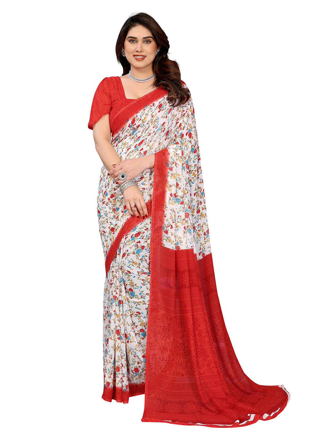 ANAND SAREES Georgette Printed Chanderi saree With Unstitched Blouse Piece ( Red ) ANAND SAREES Georgette Printed Chanderi saree With Unstitched Blouse Piece ( Red )