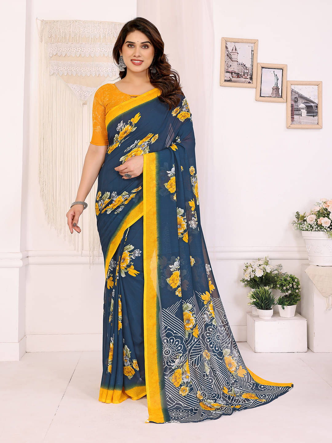     			ANAND SAREES Georgette Printed Chanderi saree With Unstitched Blouse Piece ( Turquoise )