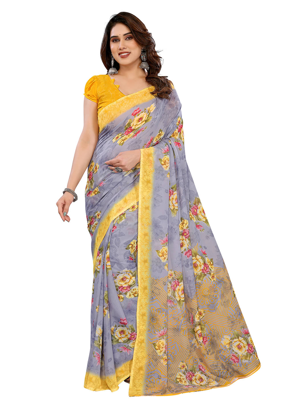 ANAND SAREES Georgette Printed Chanderi saree With Unstitched Blouse Piece ( Grey ) ANAND SAREES Georgette Printed Chanderi saree With Unstitched Blouse Piece ( Grey )