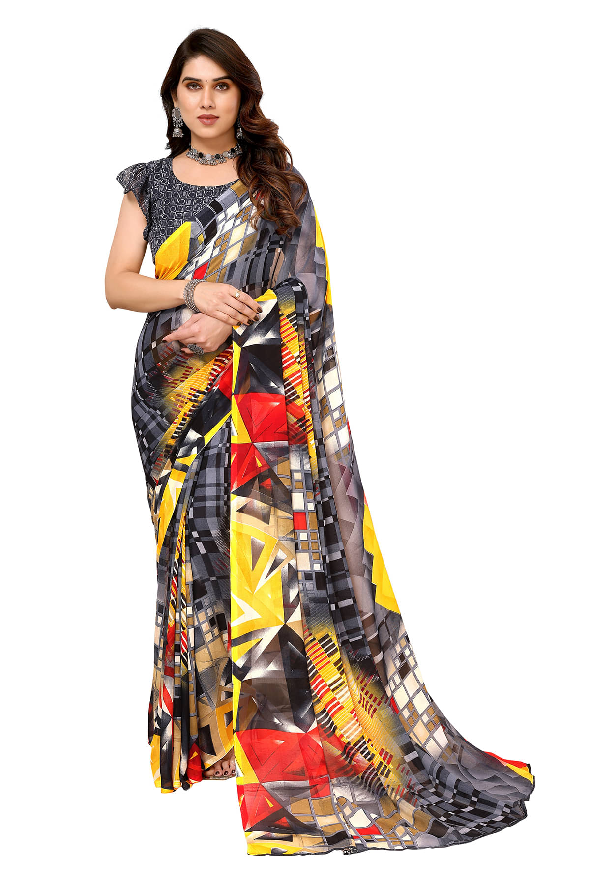 ANAND SAREES Georgette Printed Chanderi saree With Unstitched Blouse Piece ( Grey )     			ANAND SAREES Georgette Printed Chanderi saree With Unstitched Blouse Piece ( Grey )