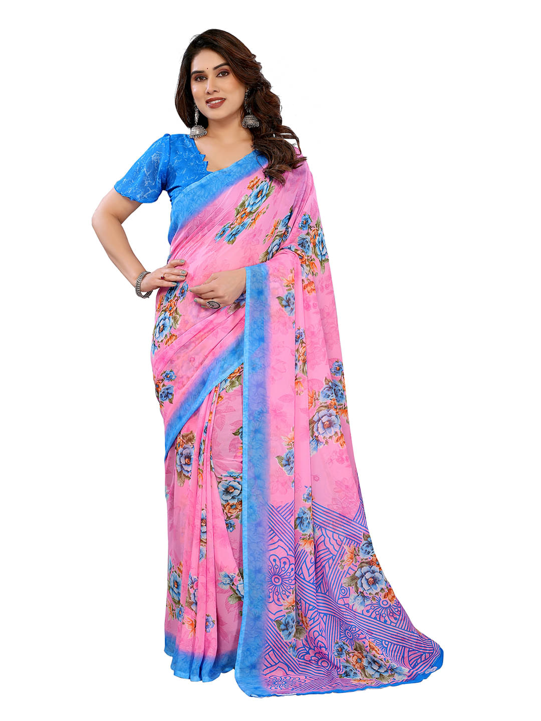     			ANAND SAREES Georgette Printed Chanderi saree With Unstitched Blouse Piece ( Pink )