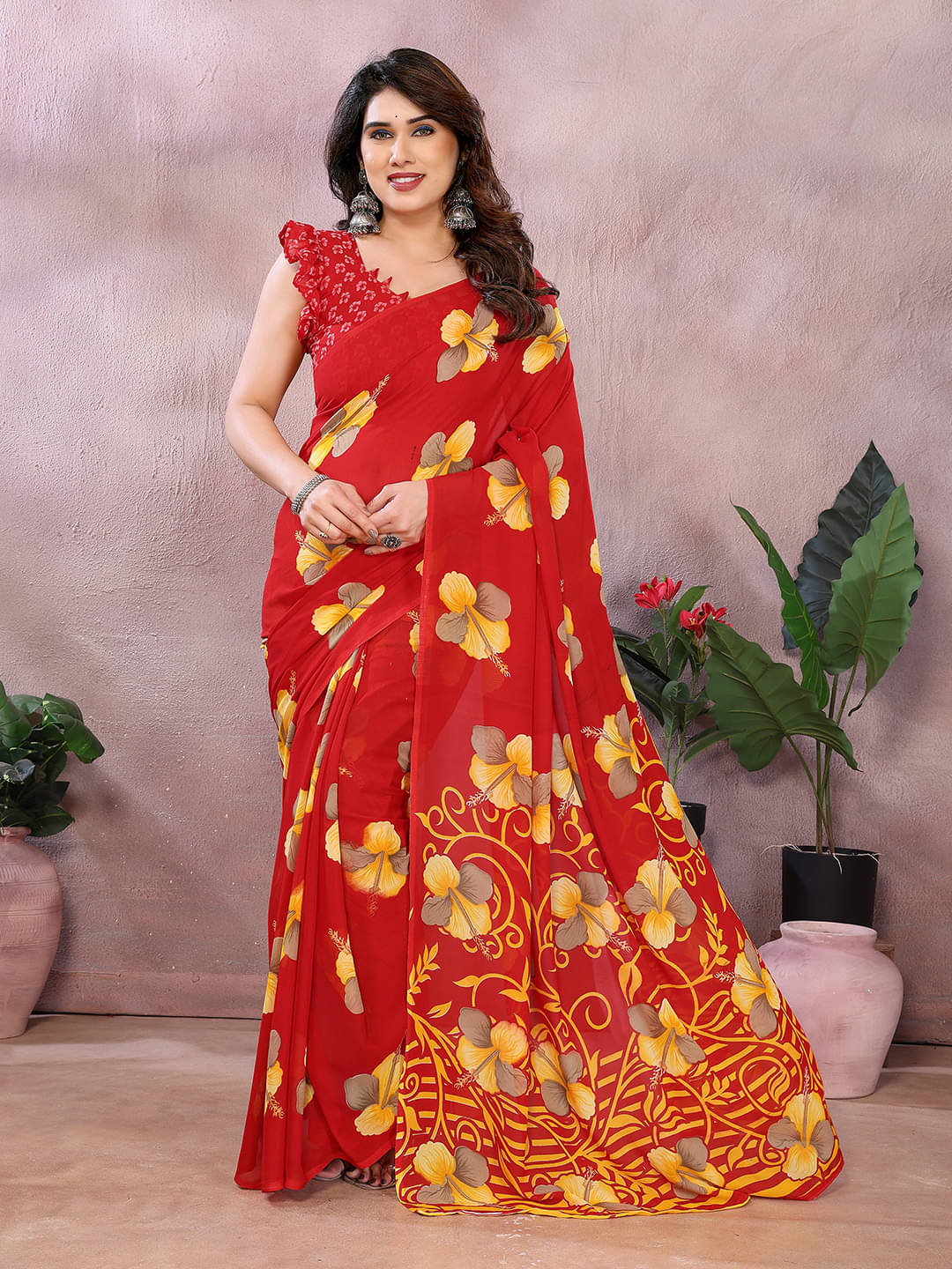     			ANAND SAREES Georgette Printed Chanderi saree With Unstitched Blouse Piece ( Red )