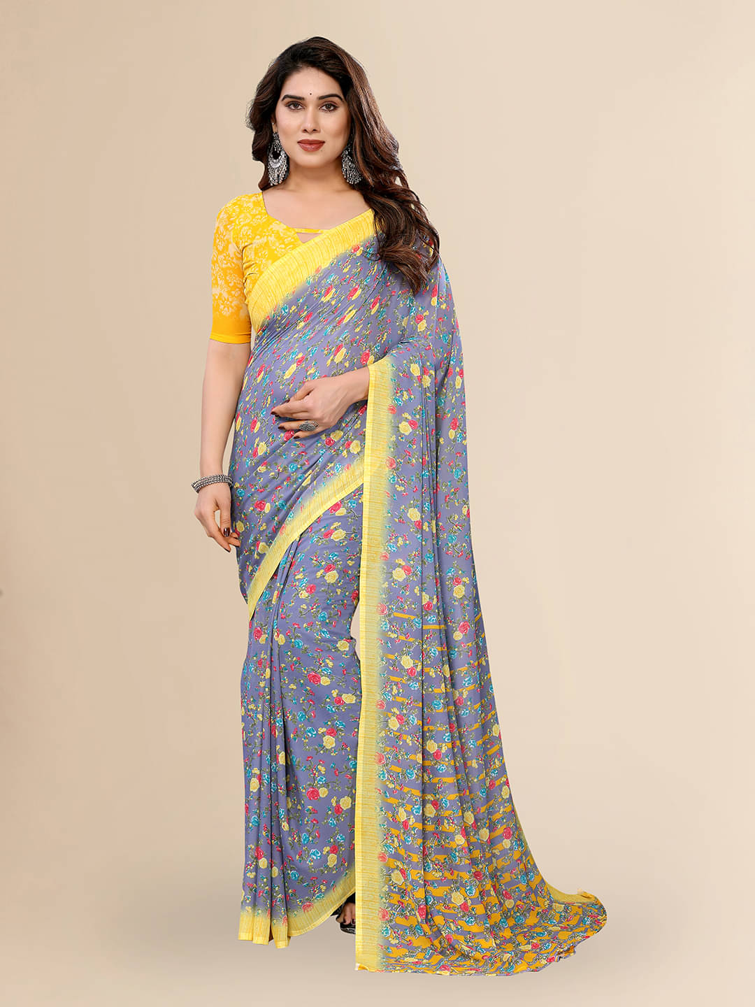 ANAND SAREES Georgette Printed Chanderi saree With Unstitched Blouse Piece ( Grey ) ANAND SAREES Georgette Printed Chanderi saree With Unstitched Blouse Piece ( Grey )