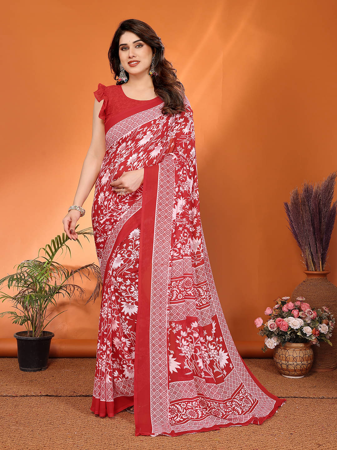ANAND SAREES Georgette Printed Chanderi saree With Unstitched Blouse Piece ( Red ) ANAND SAREES Georgette Printed Chanderi saree With Unstitched Blouse Piece ( Red )