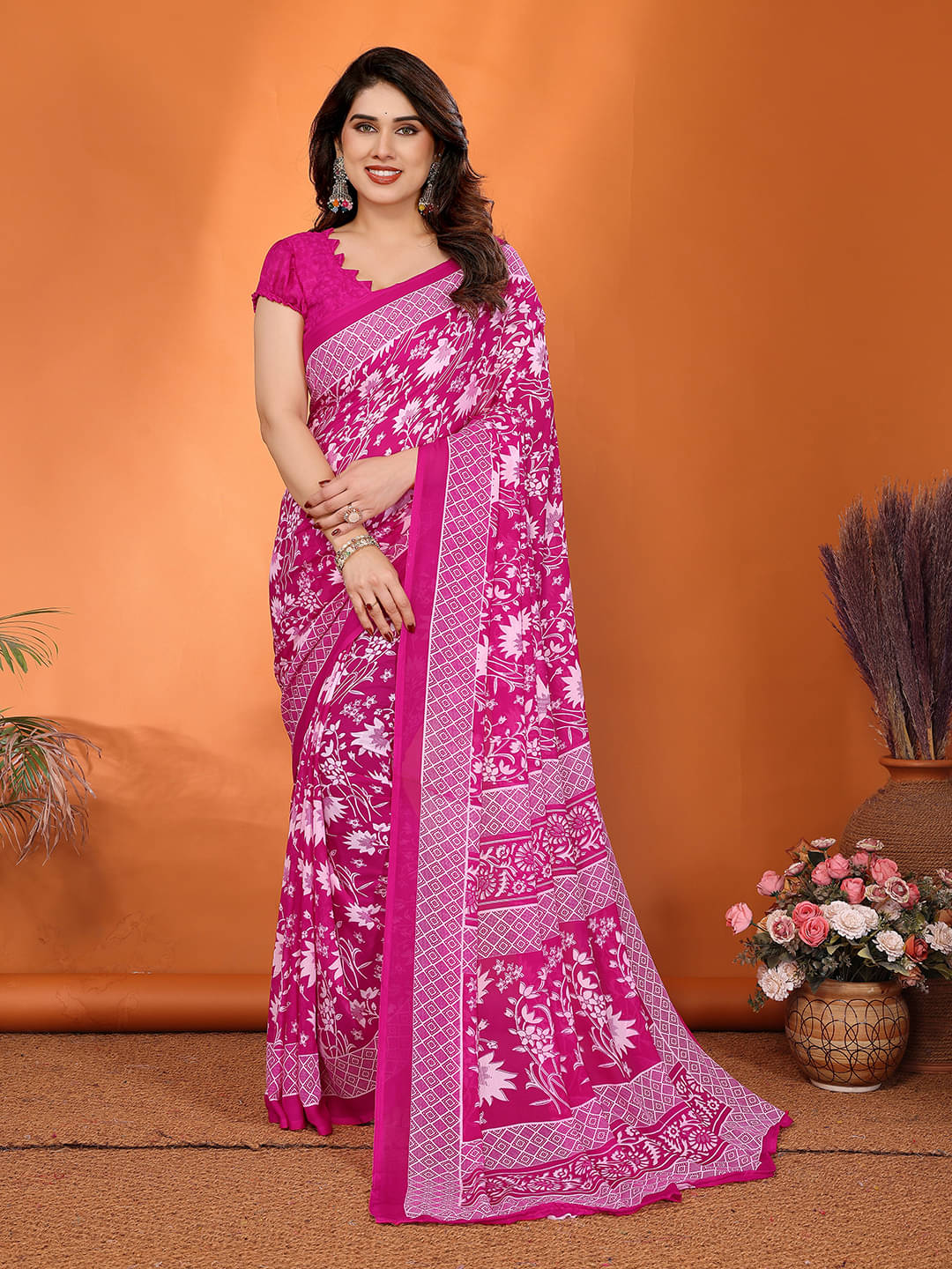 ANAND SAREES Georgette Printed Chanderi saree With Unstitched Blouse Piece ( Pink ) ANAND SAREES Georgette Printed Chanderi saree With Unstitched Blouse Piece ( Pink )