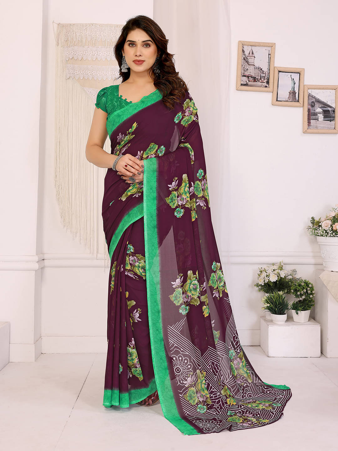 ANAND SAREES Georgette Printed Chanderi saree With Unstitched Blouse Piece ( Brown ) ANAND SAREES Georgette Printed Chanderi saree With Unstitched Blouse Piece ( Brown )