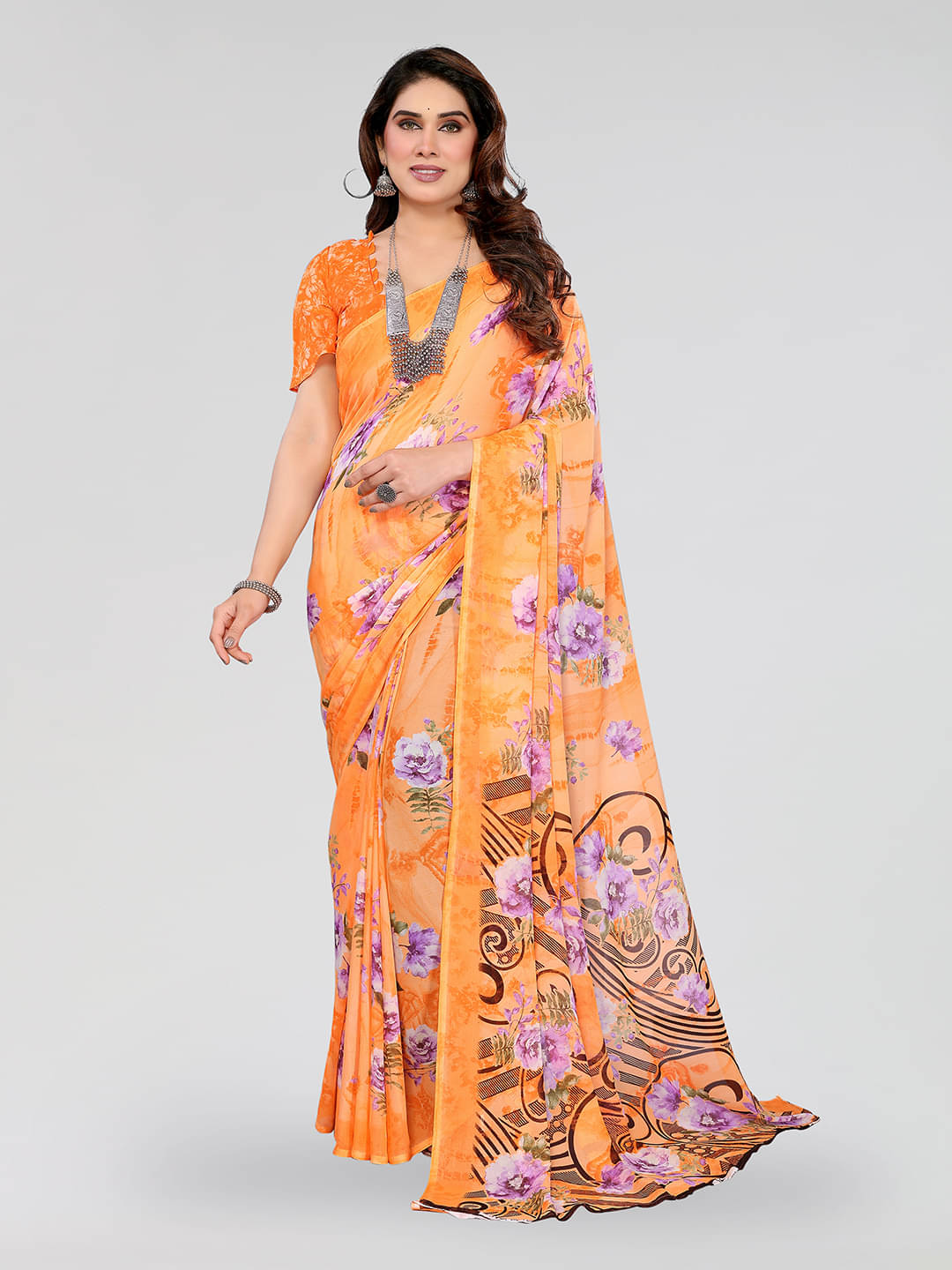     			ANAND SAREES Georgette Printed Chanderi saree With Unstitched Blouse Piece ( Orange )