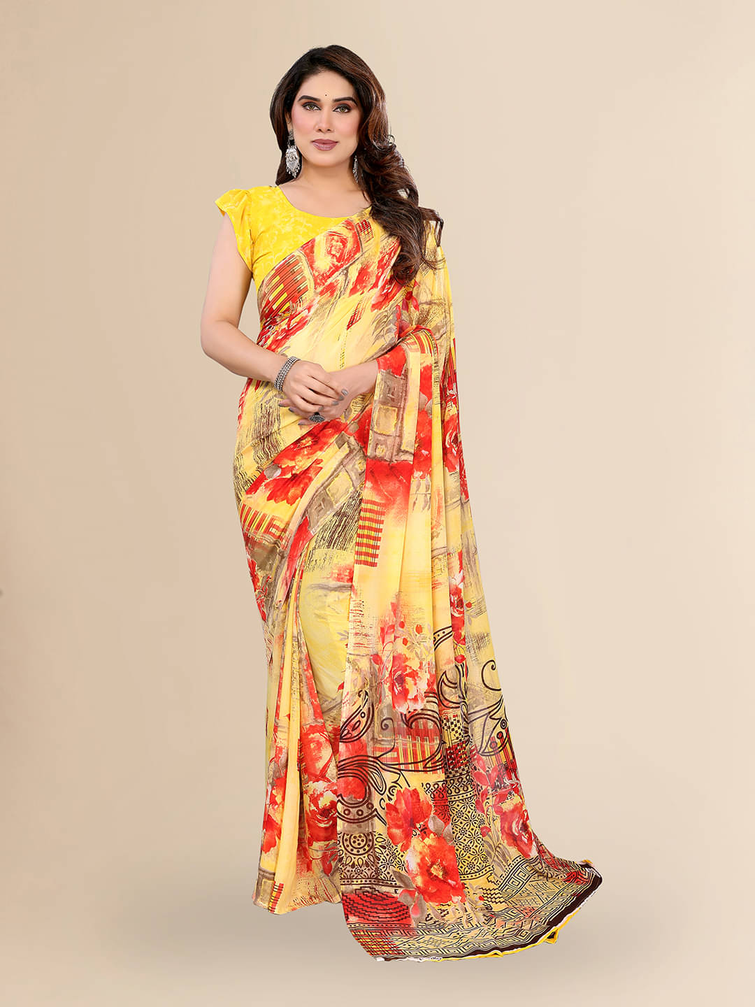 ANAND SAREES Georgette Printed Chanderi saree With Unstitched Blouse Piece ( Yellow ) ANAND SAREES Georgette Printed Chanderi saree With Unstitched Blouse Piece ( Yellow )