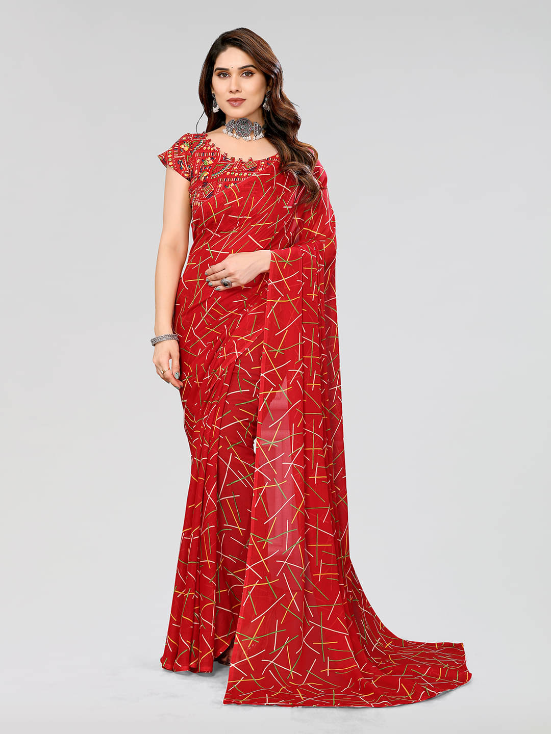     			ANAND SAREES Georgette Printed Chanderi saree With Unstitched Blouse Piece ( Red )