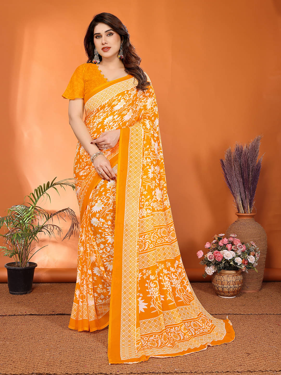 ANAND SAREES Georgette Printed Chanderi saree With Unstitched Blouse Piece ( Yellow ) ANAND SAREES Georgette Printed Chanderi saree With Unstitched Blouse Piece ( Yellow )
