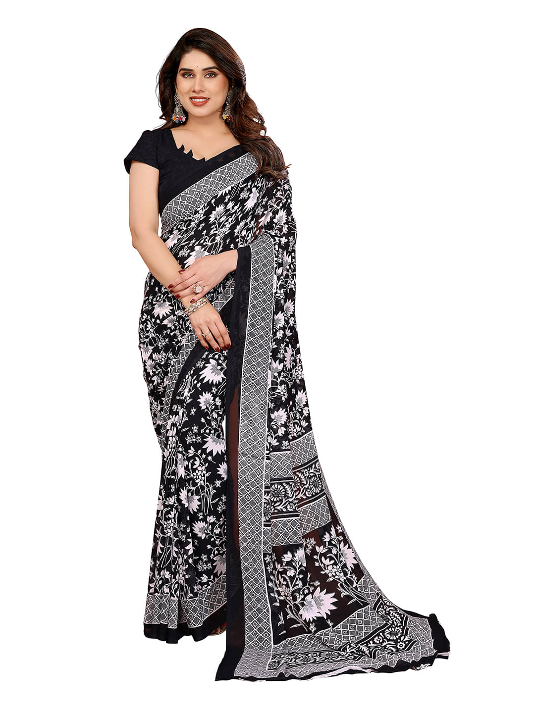 ANAND SAREES Georgette Printed Chanderi saree With Unstitched Blouse Piece ( Black ) ANAND SAREES Georgette Printed Chanderi saree With Unstitched Blouse Piece ( Black )