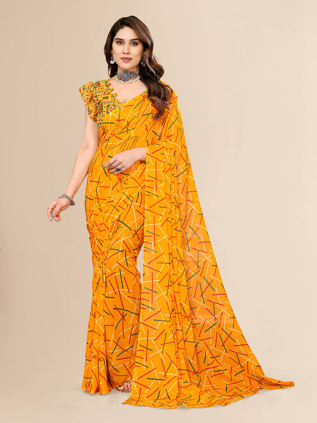 ANAND SAREES Georgette Printed Chanderi saree With Unstitched Blouse Piece ( Yellow ) ANAND SAREES Georgette Printed Chanderi saree With Unstitched Blouse Piece ( Yellow )
