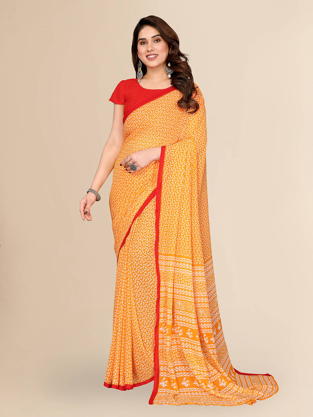 ANAND SAREES Georgette Printed Chanderi saree With Unstitched Blouse Piece ( Yellow ) ANAND SAREES Georgette Printed Chanderi saree With Unstitched Blouse Piece ( Yellow )