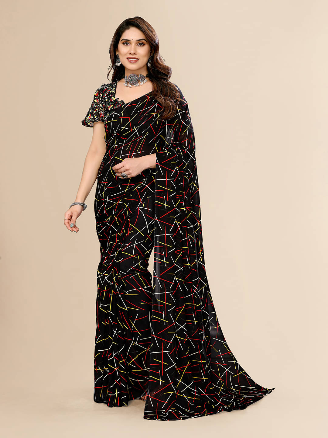 ANAND SAREES Georgette Printed Chanderi saree With Unstitched Blouse Piece ( Black ) ANAND SAREES Georgette Printed Chanderi saree With Unstitched Blouse Piece ( Black )