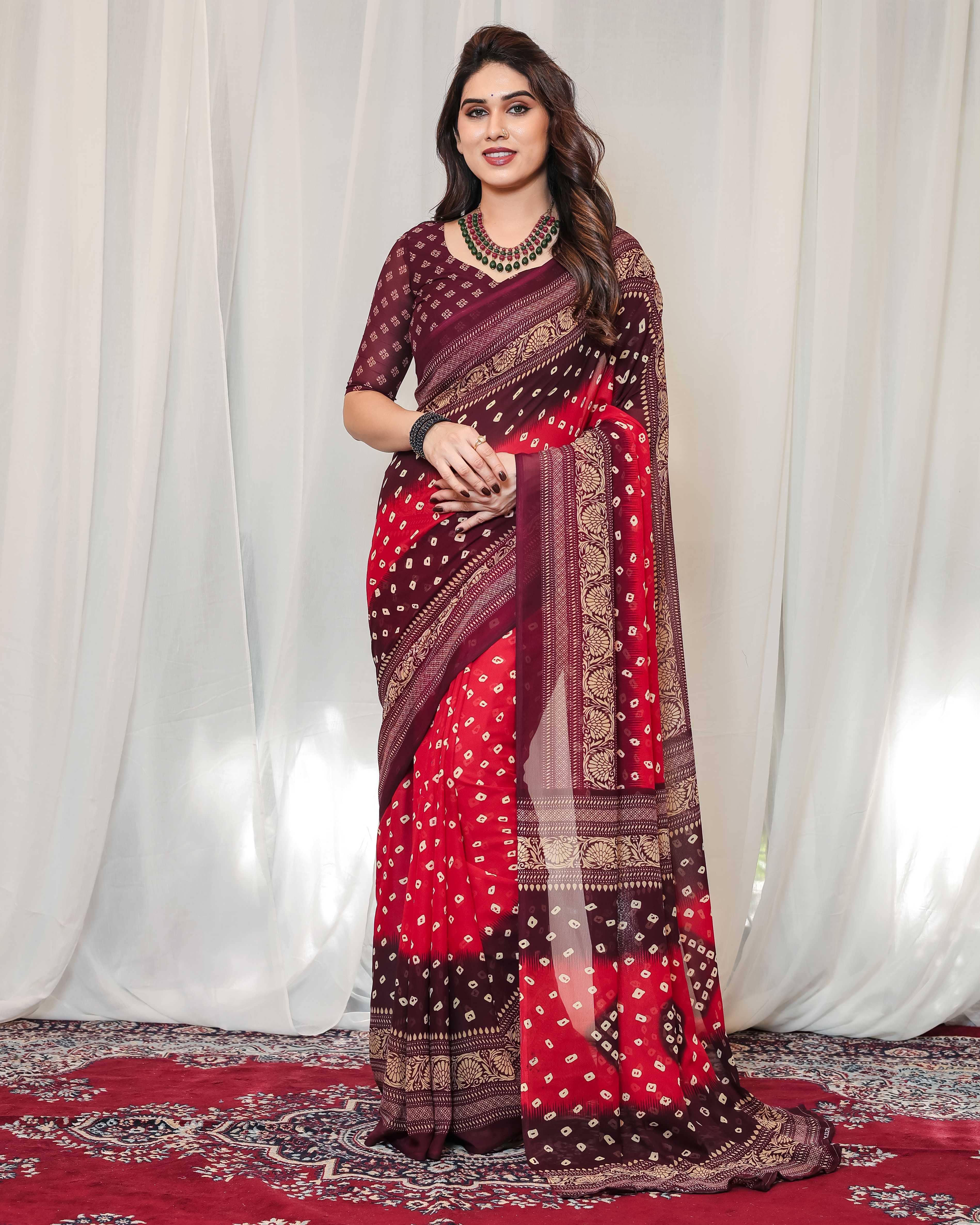 ANAND SAREES Georgette Printed Chanderi saree With Unstitched Blouse Piece ( Red ) - Sarees | Buy online on ZillyBuy
