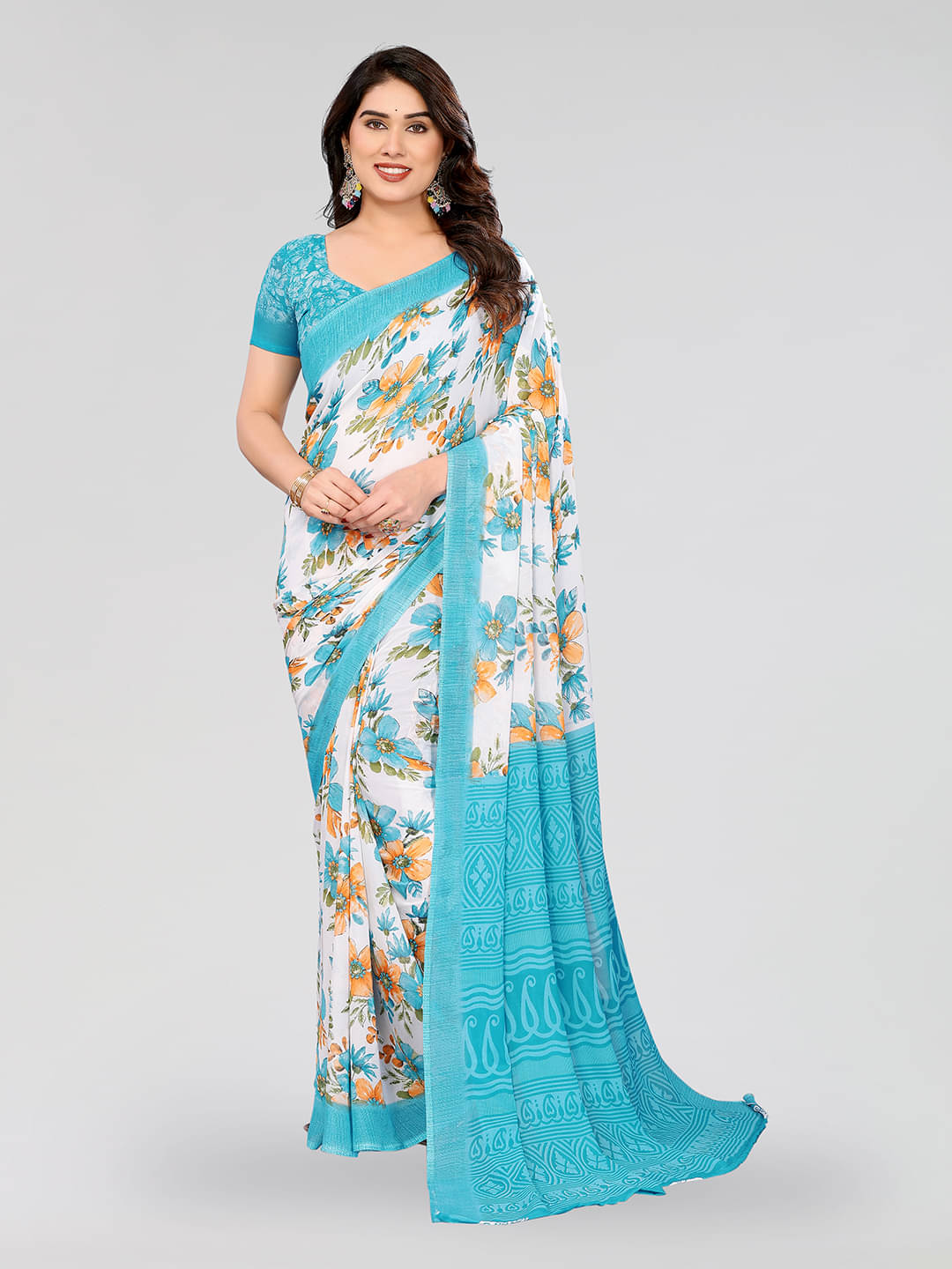 ANAND SAREES Georgette Printed Chanderi saree With Unstitched Blouse Piece ( Aqua Blue ) ANAND SAREES Georgette Printed Chanderi saree With Unstitched Blouse Piece ( Aqua Blue )