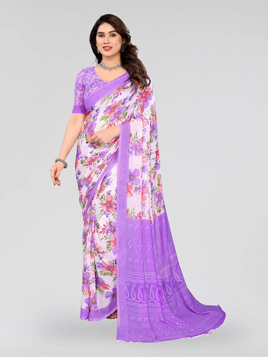     			ANAND SAREES Georgette Printed Chanderi saree With Unstitched Blouse Piece ( Purple )