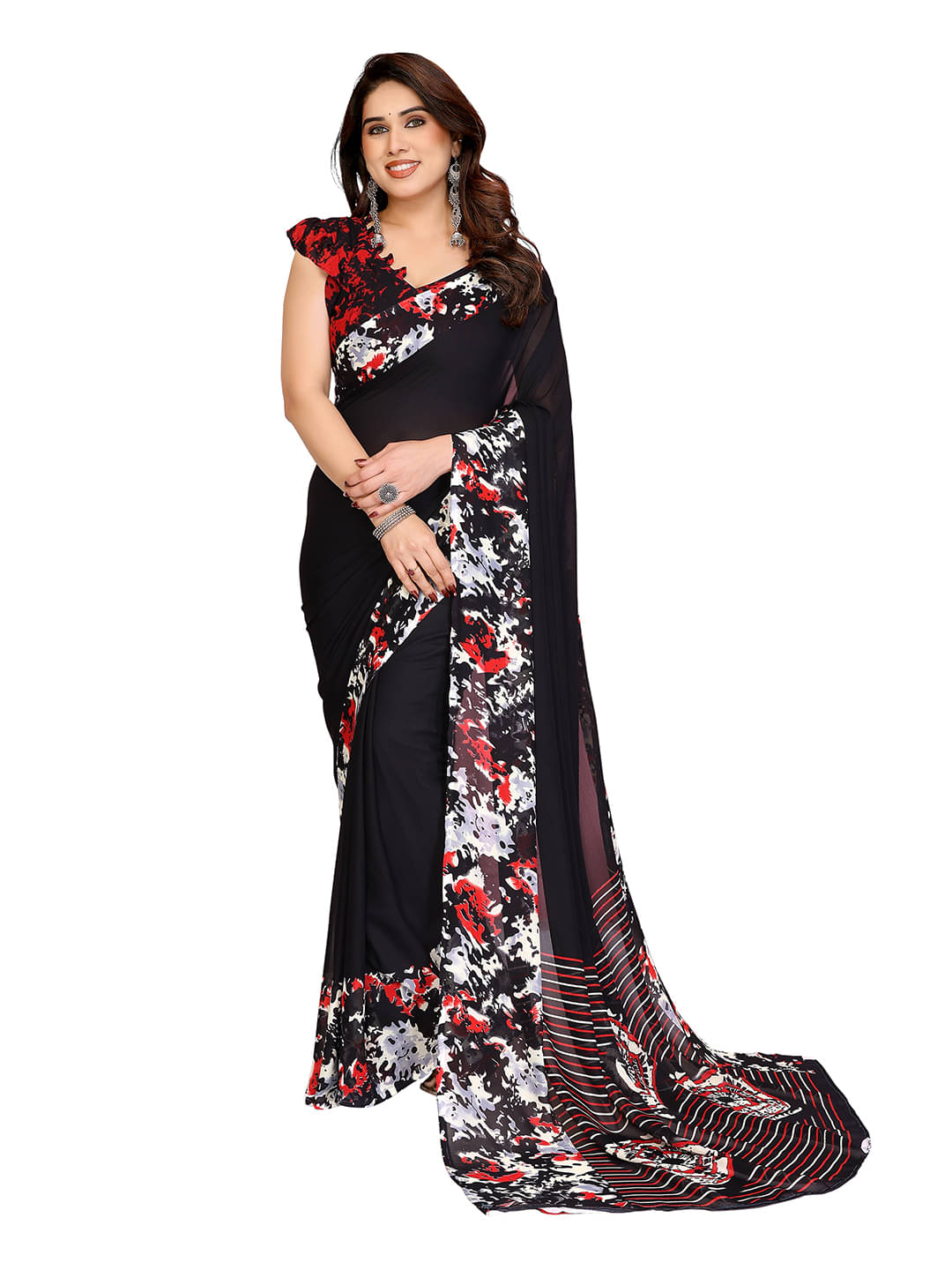 ANAND SAREES Georgette Printed Chanderi saree With Unstitched Blouse Piece ( Black ) ANAND SAREES Georgette Printed Chanderi saree With Unstitched Blouse Piece ( Black )