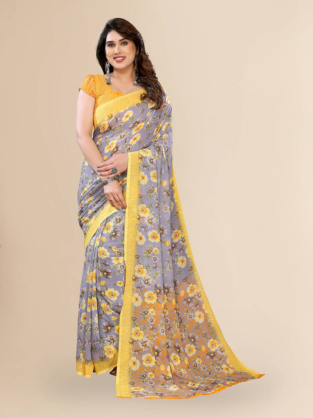 ANAND SAREES Georgette Printed Chanderi saree With Unstitched Blouse Piece ( Grey ) ANAND SAREES Georgette Printed Chanderi saree With Unstitched Blouse Piece ( Grey )
