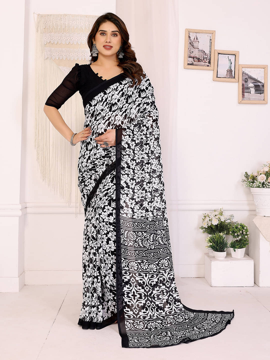 ANAND SAREES Georgette Printed Chanderi saree With Unstitched Blouse Piece ( Black ) ANAND SAREES Georgette Printed Chanderi saree With Unstitched Blouse Piece ( Black )