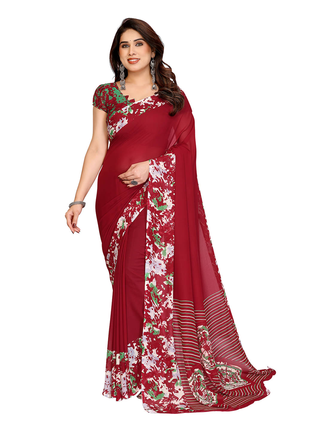     			ANAND SAREES Georgette Printed Chanderi saree With Unstitched Blouse Piece ( Maroon )