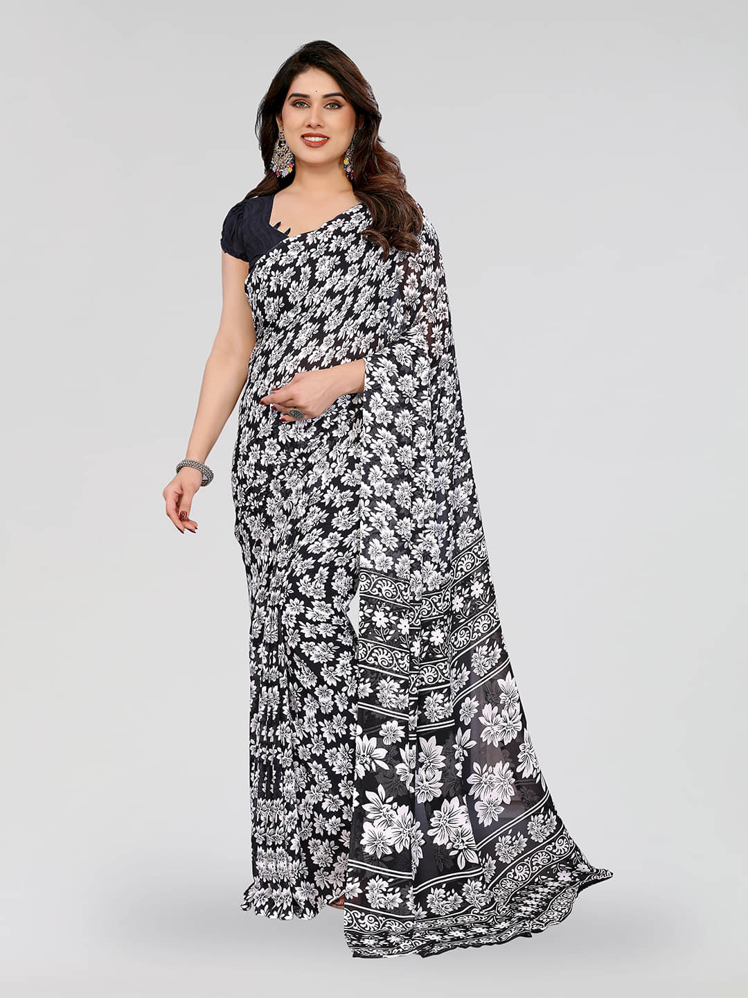 ANAND SAREES Georgette Printed Chanderi saree With Unstitched Blouse Piece ( Black ) ANAND SAREES Georgette Printed Chanderi saree With Unstitched Blouse Piece ( Black )