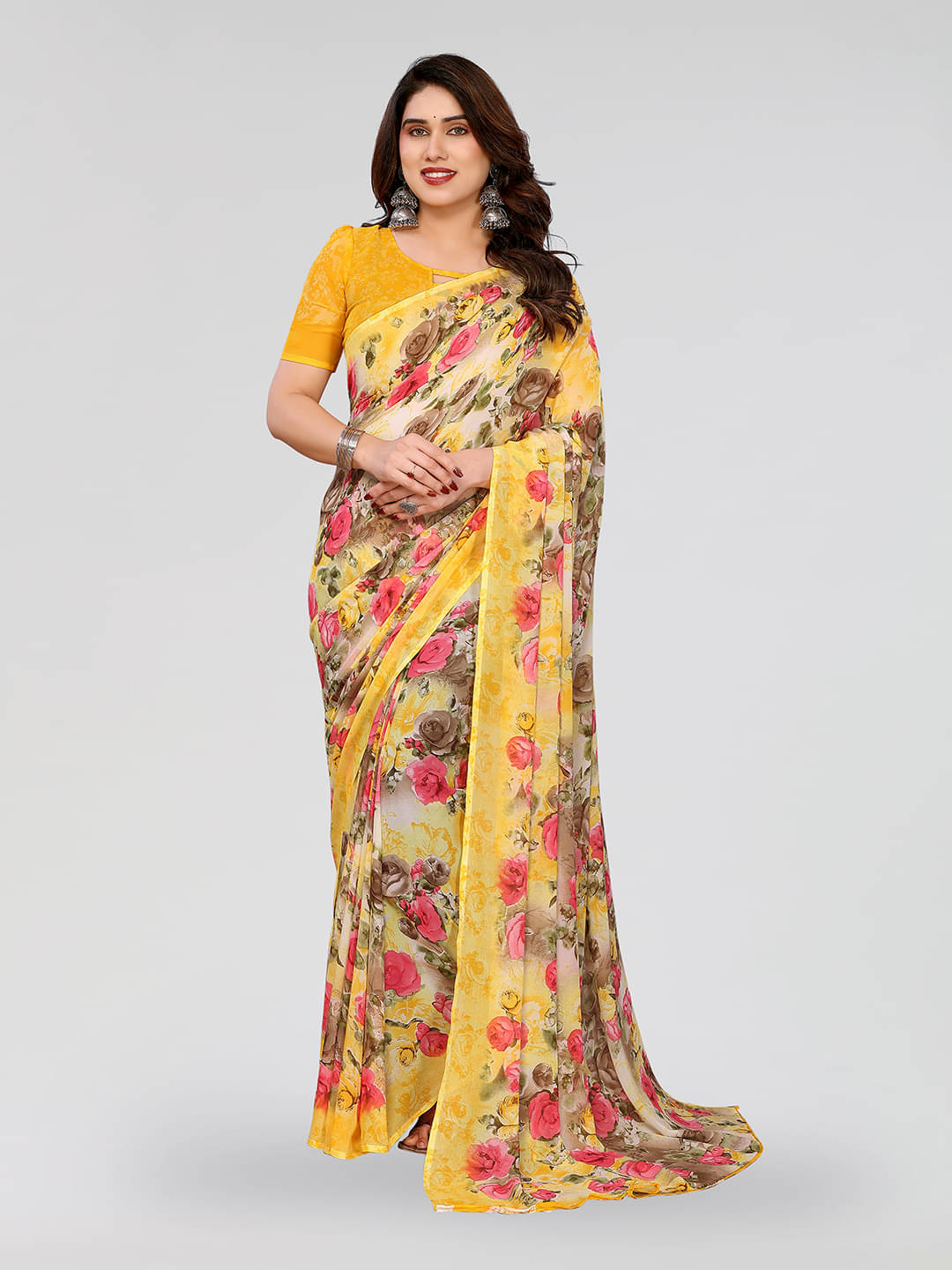     			ANAND SAREES Georgette Printed Chanderi saree With Unstitched Blouse Piece ( Yellow )