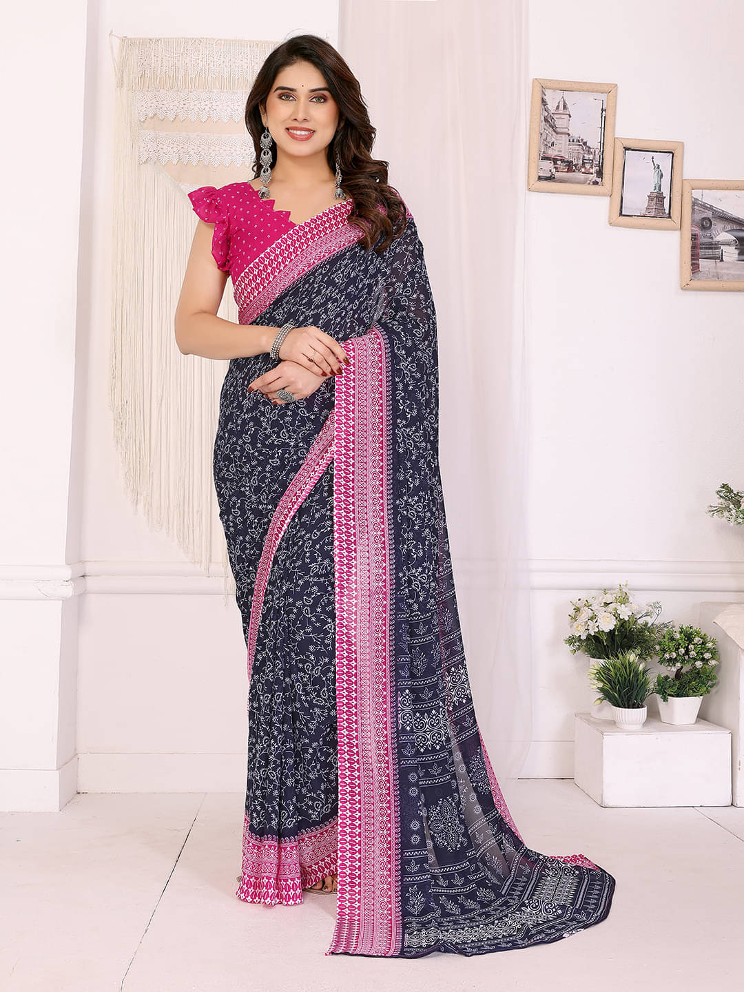 ANAND SAREES Georgette Printed Chanderi saree With Unstitched Blouse Piece ( Blue ) ANAND SAREES Georgette Printed Chanderi saree With Unstitched Blouse Piece ( Blue )