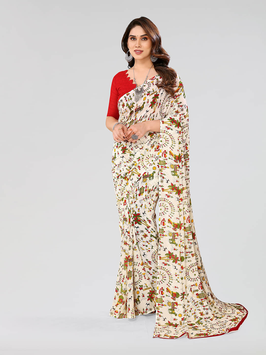     			ANAND SAREES Georgette Printed Chanderi saree With Unstitched Blouse Piece ( White )