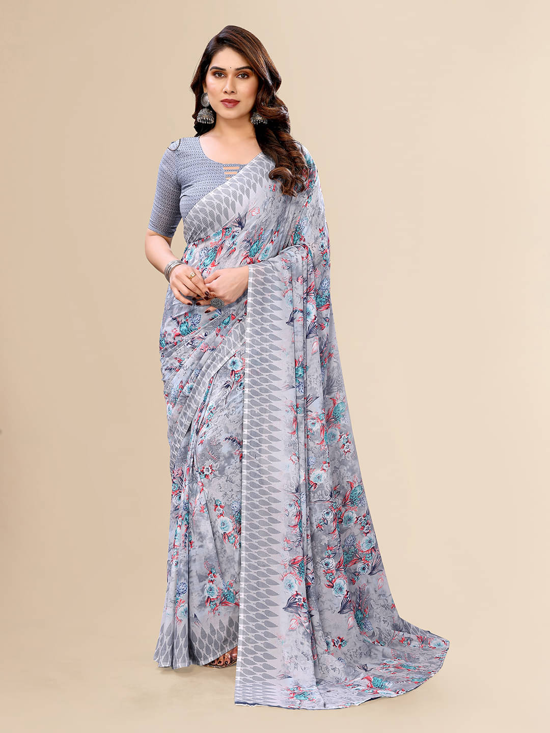 ANAND SAREES Georgette Printed Chanderi saree With Unstitched Blouse Piece ( Grey ) ANAND SAREES Georgette Printed Chanderi saree With Unstitched Blouse Piece ( Grey )