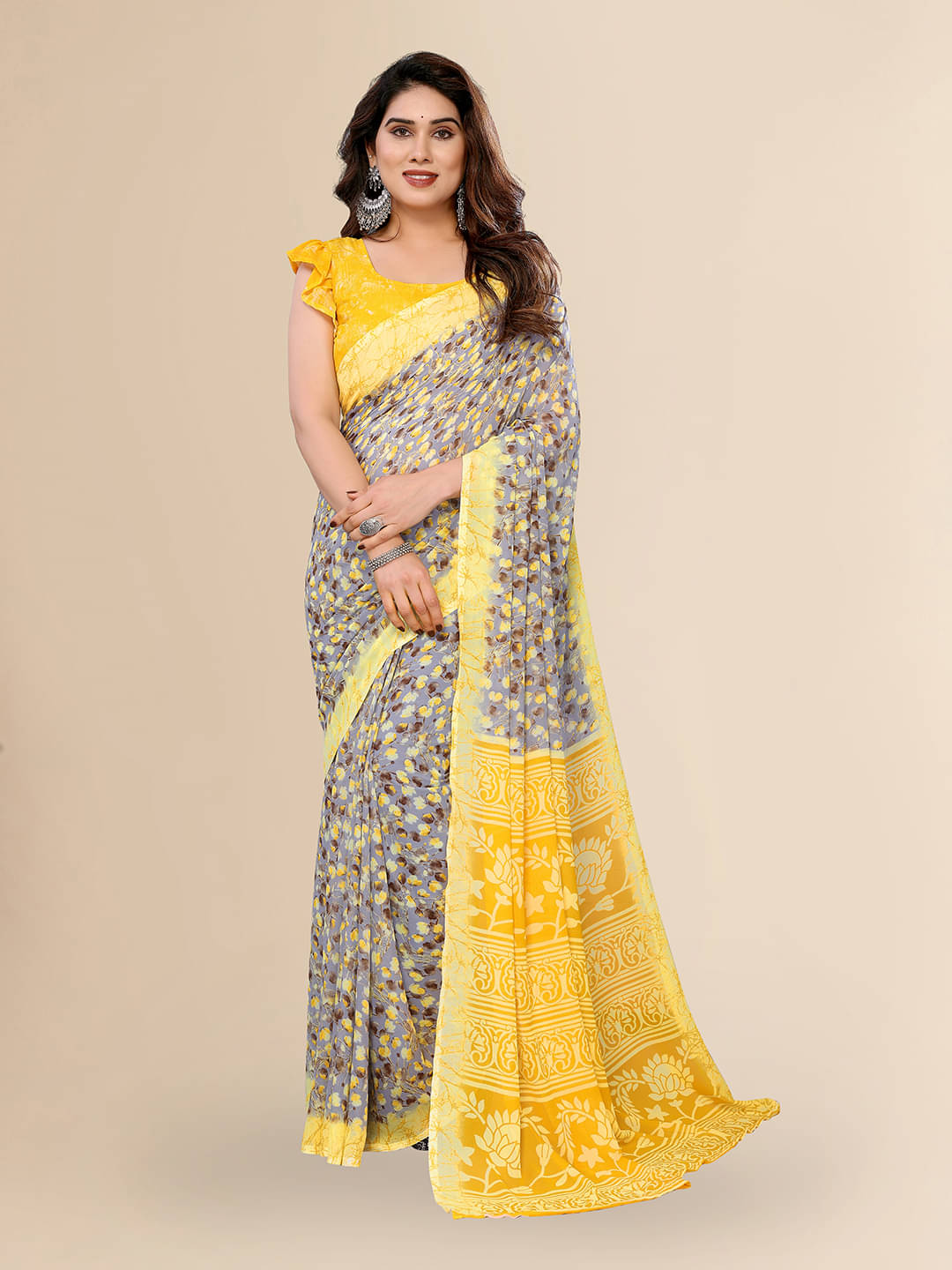 ANAND SAREES Georgette Printed Chanderi saree With Unstitched Blouse Piece ( Yellow ) ANAND SAREES Georgette Printed Chanderi saree With Unstitched Blouse Piece ( Yellow )