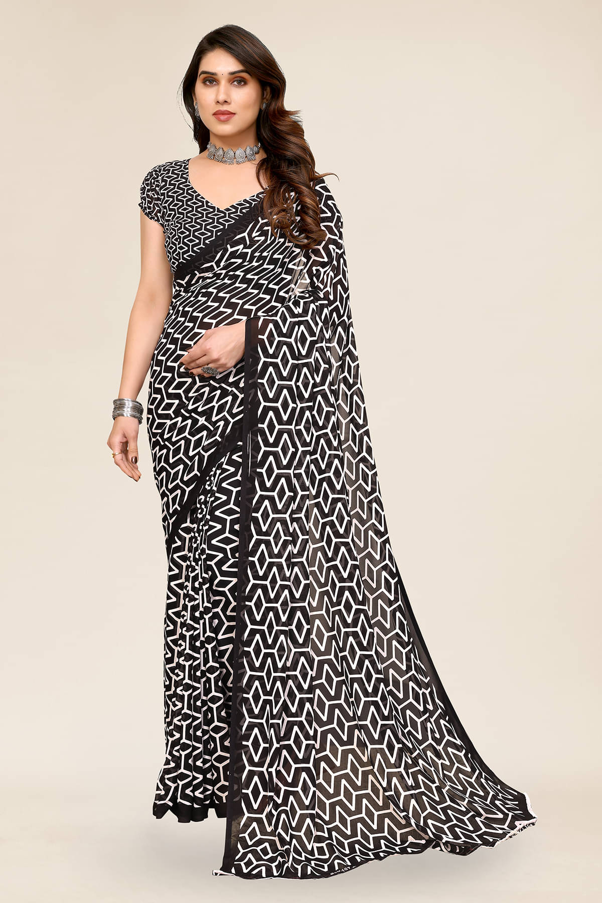     			ANAND SAREES Georgette Printed Chanderi saree With Unstitched Blouse Piece ( Black )