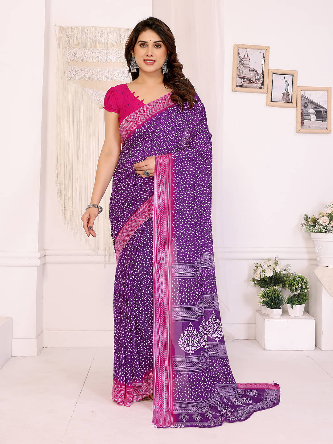     			ANAND SAREES Georgette Printed Chanderi saree With Unstitched Blouse Piece ( Purple )