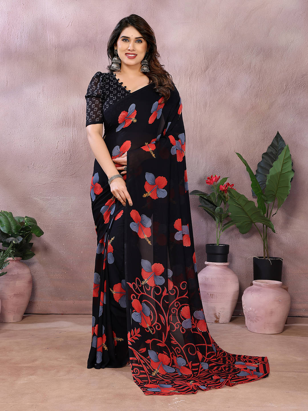 ANAND SAREES Georgette Printed Chanderi saree With Unstitched Blouse Piece ( Black ) ANAND SAREES Georgette Printed Chanderi saree With Unstitched Blouse Piece ( Black )