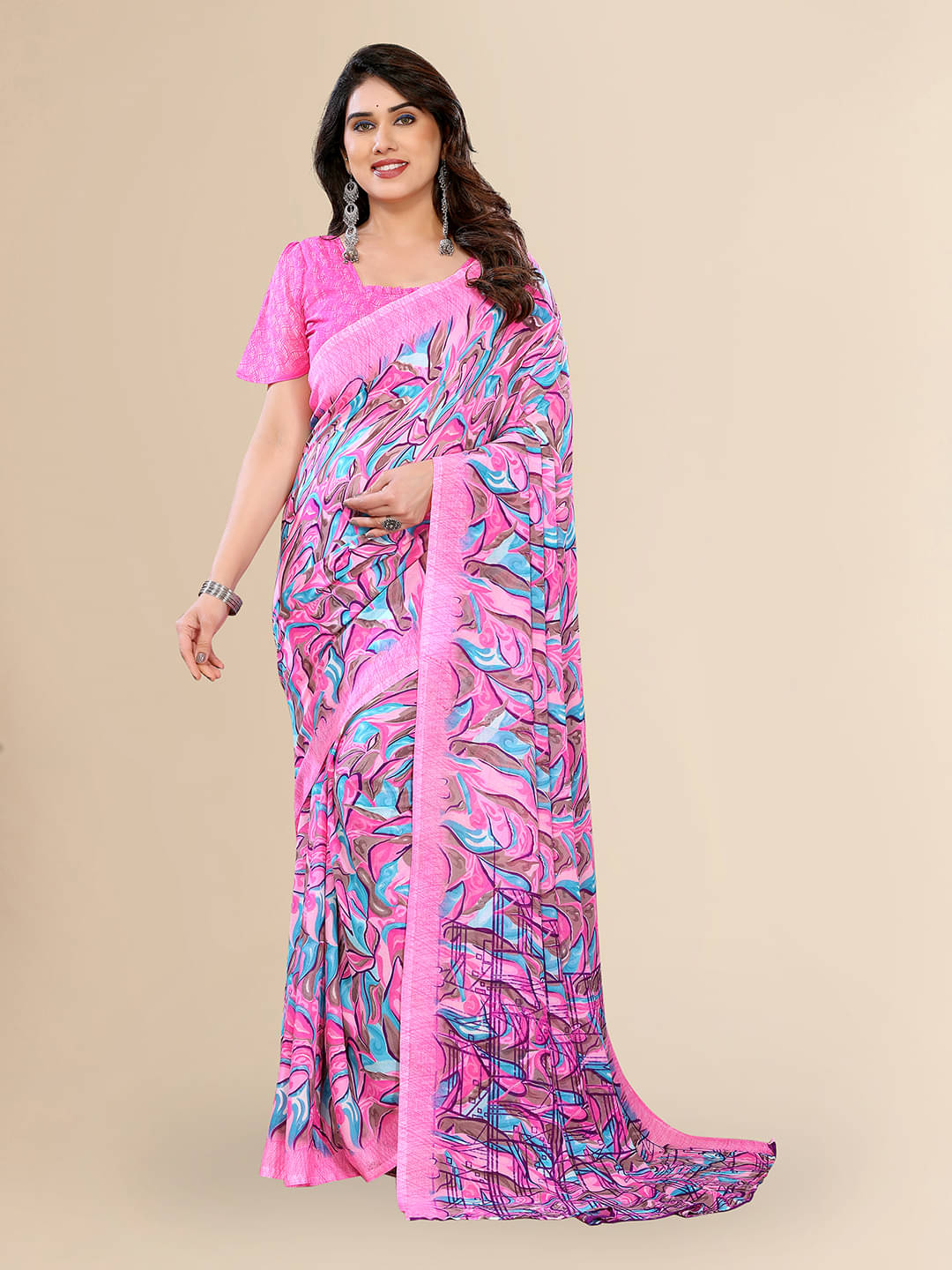 ANAND SAREES Georgette Printed Chanderi saree With Unstitched Blouse Piece ( Pink ) ANAND SAREES Georgette Printed Chanderi saree With Unstitched Blouse Piece ( Pink )