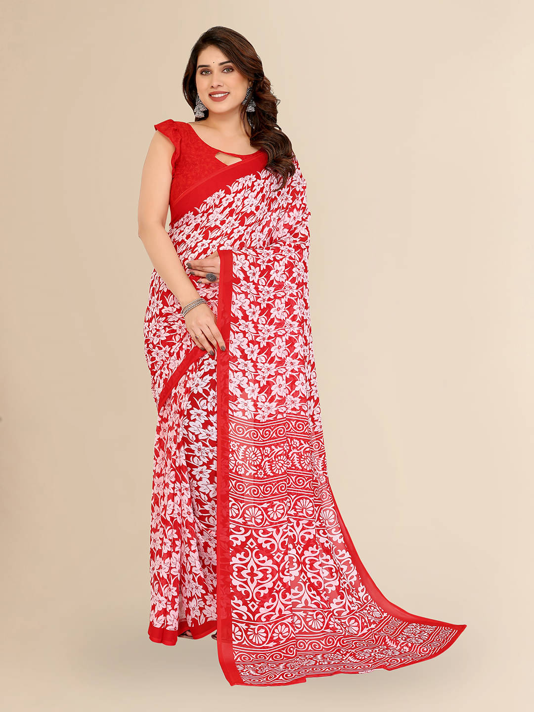 ANAND SAREES Georgette Printed Chanderi saree With Unstitched Blouse Piece ( Red ) ANAND SAREES Georgette Printed Chanderi saree With Unstitched Blouse Piece ( Red )