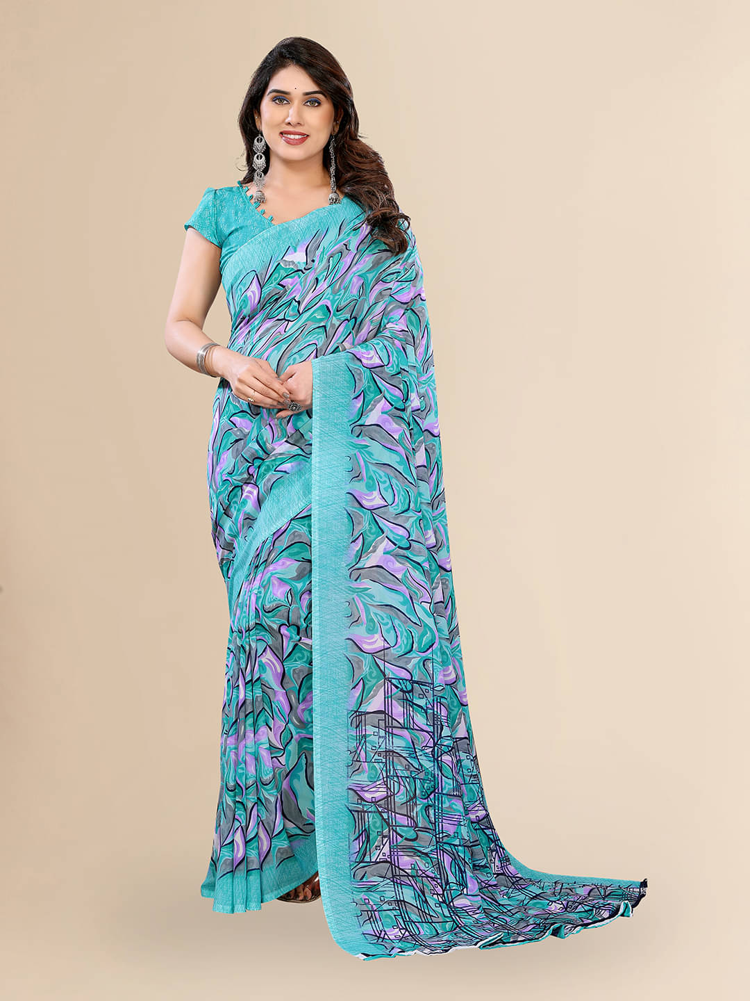 ANAND SAREES Georgette Printed Chanderi saree With Unstitched Blouse Piece ( Aqua Blue ) ANAND SAREES Georgette Printed Chanderi saree With Unstitched Blouse Piece ( Aqua Blue )