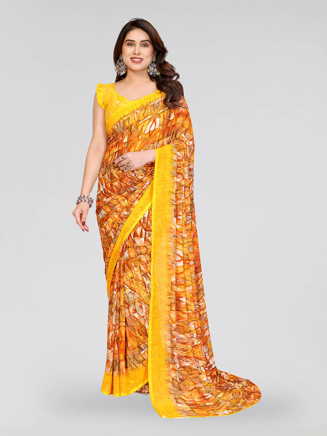 ANAND SAREES Georgette Printed Chanderi saree With Unstitched Blouse Piece ( Yellow ) ANAND SAREES Georgette Printed Chanderi saree With Unstitched Blouse Piece ( Yellow )