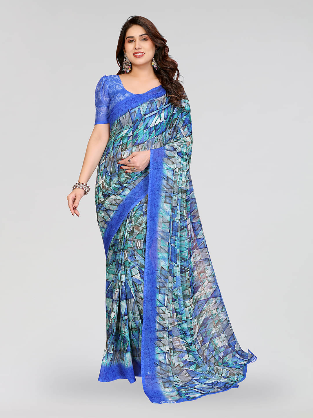 ANAND SAREES Georgette Printed Chanderi saree With Unstitched Blouse Piece ( Blue ) ANAND SAREES Georgette Printed Chanderi saree With Unstitched Blouse Piece ( Blue )