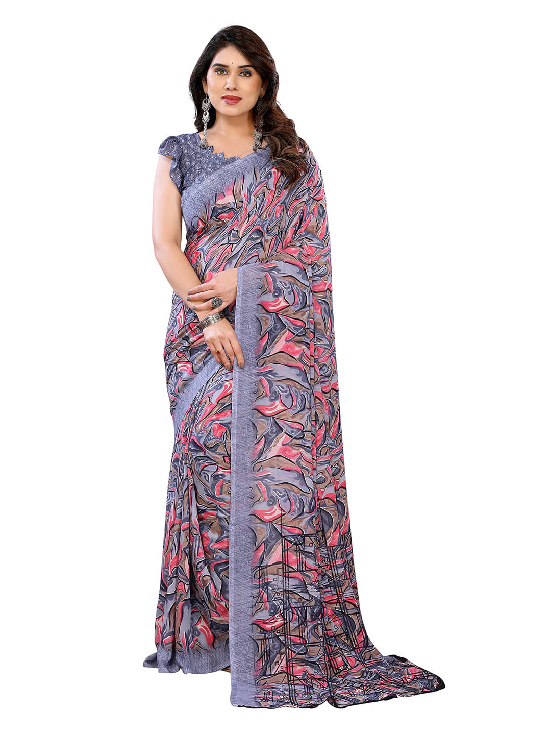     			ANAND SAREES Georgette Printed Chanderi saree With Unstitched Blouse Piece ( Grey )